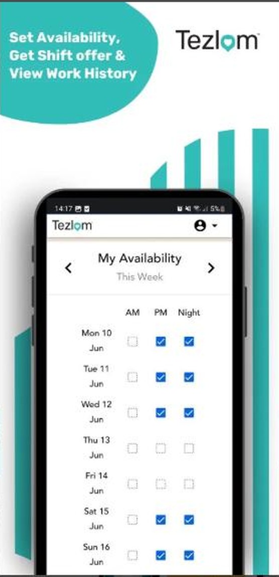 The Tezlom Healthcare app showing the My Availability screen, with AM, PM and night shifts ticked across the week