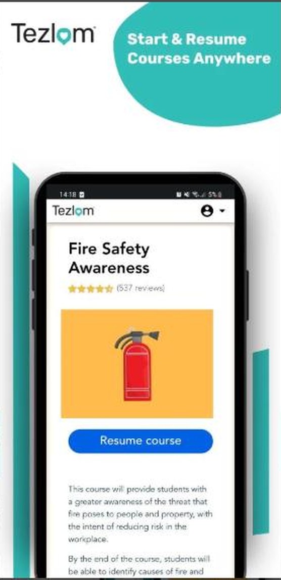 The Tezlom Healthcare app showing a Fire Safety Awareness training course ready to resume